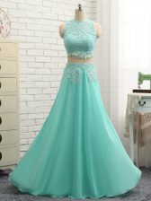  Chiffon High-neck Sleeveless Side Zipper Appliques Prom Dress in Apple Green