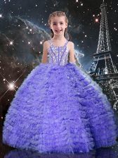  Lavender Short Sleeves Beading and Ruffled Layers Floor Length Child Pageant Dress