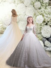 Captivating White Flower Girl Dress Wedding Party with Lace Off The Shoulder 3 4 Length Sleeve Chapel Train Zipper