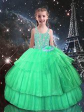 Best Apple Green Straps Lace Up Beading and Ruffled Layers Little Girls Pageant Dress Sleeveless