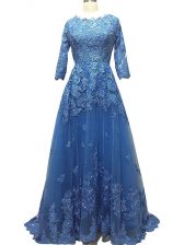  Empire 3 4 Length Sleeve Blue Prom Dresses Brush Train Zipper