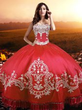 Custom Designed Coral Red Sleeveless Taffeta Lace Up Ball Gown Prom Dress for Military Ball and Sweet 16 and Quinceanera