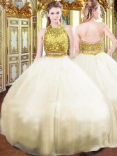  Floor Length Zipper Quince Ball Gowns Champagne for Military Ball and Sweet 16 and Quinceanera with Beading