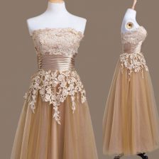 Best Selling Brown Strapless Neckline Appliques Quinceanera Court of Honor Dress Sleeveless Lace Up