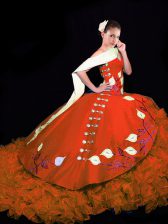  Sleeveless Brush Train Embroidery and Ruffles Lace Up Ball Gown Prom Dress