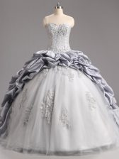 Best Selling Silver Sweetheart Neckline Beading and Appliques and Pick Ups Ball Gown Prom Dress Sleeveless Lace Up