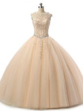  Sleeveless Tulle Floor Length Lace Up Quinceanera Dresses in Champagne with Beading and Lace