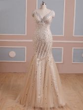  Champagne Prom Gown V-neck Sleeveless Brush Train Criss Cross