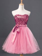  Rose Pink A-line Sweetheart Sleeveless Tulle Mini Length Zipper Sequins Prom Evening Gown