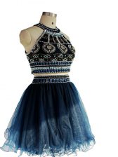  Navy Blue Tulle Backless Evening Dress Sleeveless Mini Length Beading
