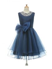 Inexpensive Navy Blue Sleeveless Beading and Bowknot Knee Length Little Girls Pageant Dress Wholesale