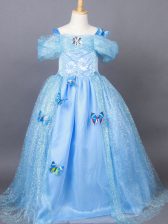  Light Blue Off The Shoulder Side Zipper Appliques Kids Pageant Dress Short Sleeves