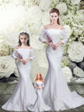  White Mermaid Off The Shoulder 3 4 Length Sleeve Lace Brush Train Lace Up Lace Sweet 16 Quinceanera Dress