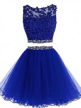 Beauteous Sleeveless Tulle Mini Length Zipper Prom Dress in Royal Blue with Beading and Lace and Appliques