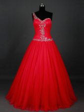 Popular Red Sleeveless Beading Floor Length Prom Party Dress