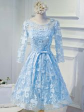 Custom Made Baby Blue Lace Up Scoop Appliques and Belt Homecoming Dress Organza Long Sleeves