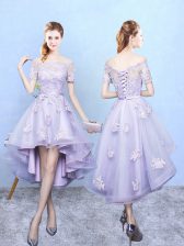  Lavender Off The Shoulder Lace Up Lace Vestidos de Damas Short Sleeves