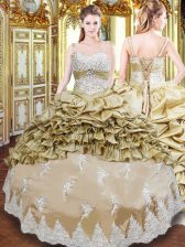  Champagne Lace Up Straps Beading and Appliques and Ruffled Layers and Pick Ups Sweet 16 Dresses Taffeta Sleeveless