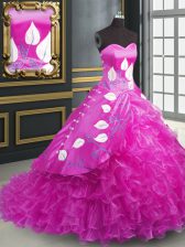 Fashionable Fuchsia Ball Gowns Embroidery and Ruffles Quinceanera Gowns Lace Up Organza Sleeveless