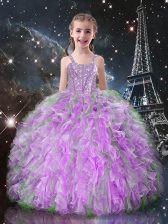 Adorable Lilac Organza Lace Up Child Pageant Dress Sleeveless Floor Length Beading and Ruffles