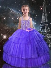 Pretty Eggplant Purple Straps Neckline Beading and Ruffled Layers Little Girls Pageant Dress Wholesale Sleeveless Lace Up