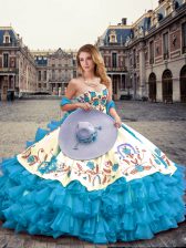 Latest Aqua Blue Ball Gowns Sweetheart Sleeveless Organza Floor Length Lace Up Embroidery and Ruffled Layers Sweet 16 Dress