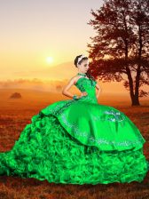  Green Ball Gowns Sweetheart Sleeveless Organza Brush Train Lace Up Embroidery and Ruffles 15 Quinceanera Dress