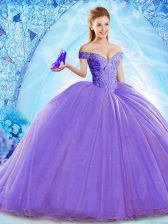 Sumptuous Lavender Organza Lace Up Off The Shoulder Sleeveless 15 Quinceanera Dress Brush Train Beading