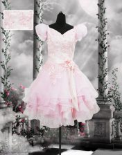 Short Sleeves Knee Length Beading and Appliques and Ruffles and Hand Made Flower Lace Up Prom Gown with Baby Pink