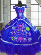 High Class Off The Shoulder Short Sleeves Lace Up Sweet 16 Dresses Blue Taffeta