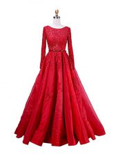 Suitable Scoop Long Sleeves Prom Dress Brush Train Beading and Lace Red Taffeta