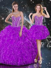  Purple Lace Up Quinceanera Dress Beading and Ruffles Sleeveless Floor Length