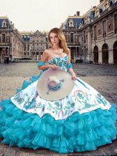 Amazing Blue And White Sleeveless Embroidery and Ruffled Layers Floor Length 15 Quinceanera Dress