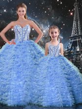 Fashion Blue Tulle Lace Up Quinceanera Dresses Sleeveless Floor Length Beading and Ruffles