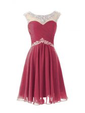 Beautiful Burgundy Chiffon Zipper Cap Sleeves Knee Length Beading