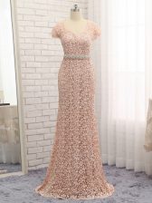 Amazing Peach Sweetheart Zipper Beading and Belt Prom Dress Cap Sleeves