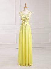 Great Chiffon V-neck Sleeveless Zipper Lace and Appliques Homecoming Dress in Yellow