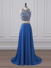 Custom Designed Blue Dress for Prom Prom and Party with Beading and Sequins Scoop Sleeveless Zipper