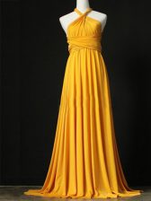  Sweep Train Empire Damas Dress Orange Halter Top Chiffon Sleeveless Criss Cross