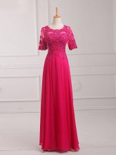 Flare Hot Pink Chiffon Zipper Scoop Half Sleeves Floor Length Prom Evening Gown Lace and Appliques