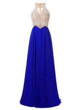 Cute Chiffon High-neck Sleeveless Zipper Beading Prom Gown in Royal Blue