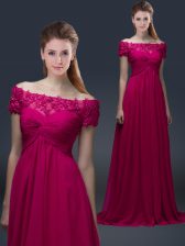 Charming Fuchsia Off The Shoulder Neckline Appliques Prom Dress Short Sleeves Lace Up
