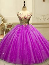  Fuchsia Tulle Lace Up Scoop Sleeveless Floor Length Quinceanera Gown Appliques and Sequins