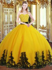  Gold Sleeveless Beading and Appliques Floor Length Quinceanera Dress