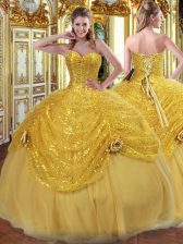 Gold Sleeveless Floor Length Pick Ups and Hand Made Flower Lace Up Sweet 16 Dress