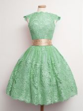  Green Lace Lace Up High-neck Cap Sleeves Knee Length Quinceanera Court of Honor Dress Belt
