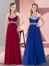  Wine Red A-line Beading Prom Dress Backless Chiffon Sleeveless Floor Length