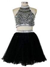  Sleeveless Mini Length Beading Criss Cross Prom Dress with Black
