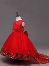 Enchanting Red Ball Gowns Scoop Sleeveless Tulle High Low Zipper Lace and Bowknot Kids Pageant Dress