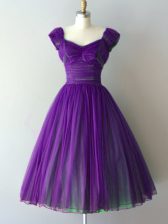Attractive Ruching Vestidos de Damas Purple Lace Up Cap Sleeves Knee Length